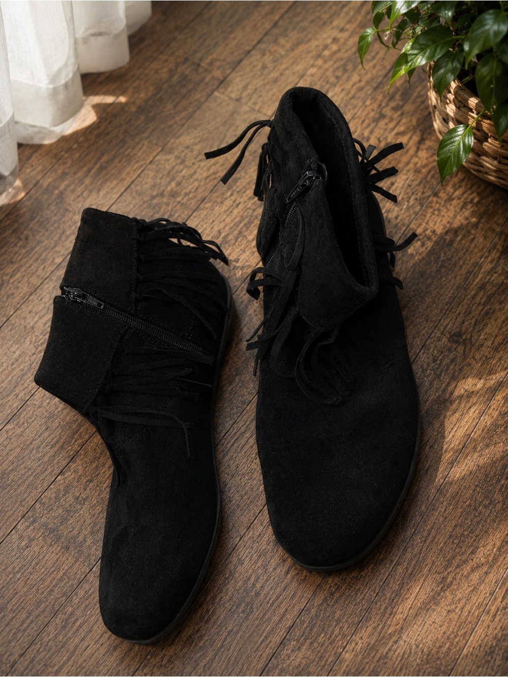 Comfortview Women’s Black Faux Suede Fringe Ankle Boots Side Zip Western Boho 10